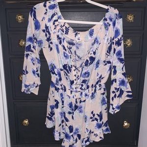 Blue and White Floral Romper